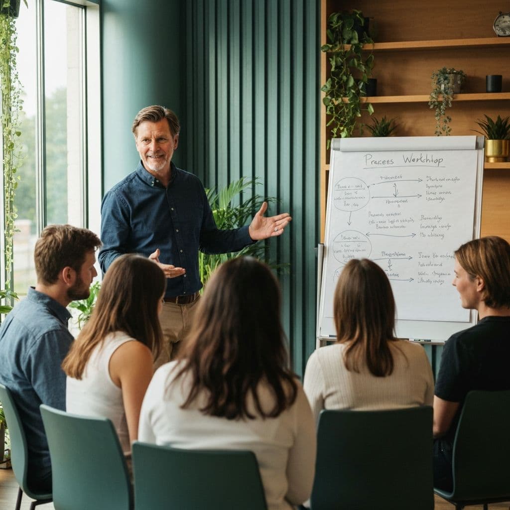 Grupo de personas conversando en un espacio de trabajo con una facilitadora
