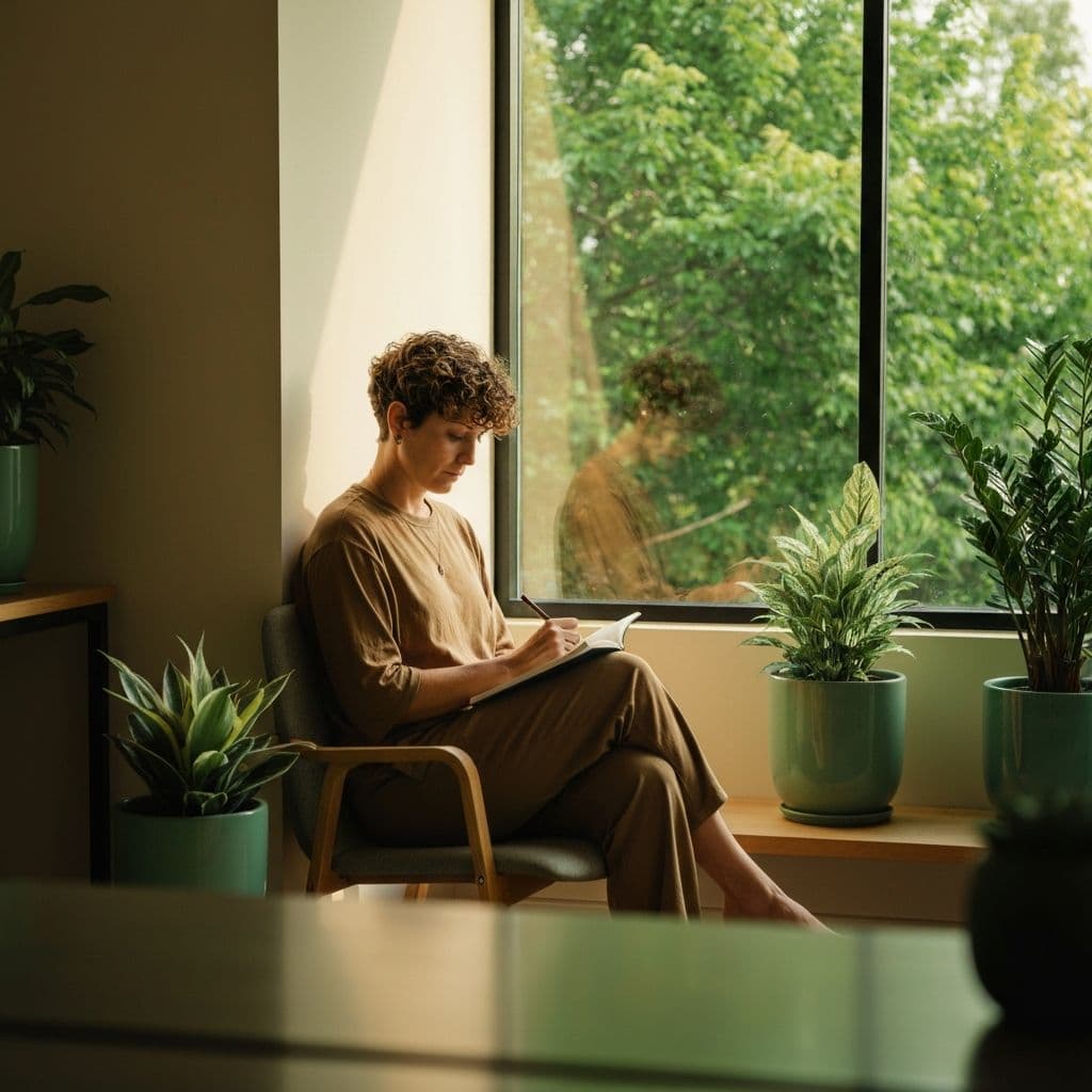 Persona escribiendo en un cuaderno junto a una ventana, en un momento de reflexión
